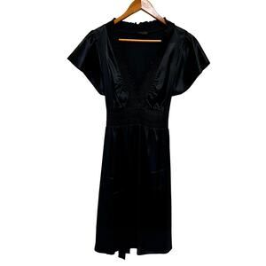 BCBG Max Azria Black Satin Smocked Waist Midi Dress V Neck Romantic Goth